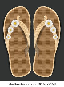 Weave slippers Decorated with daisies.Graphic vector