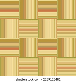 Weaved wicker seamless pattern. Striped, checkered abstract geometric ornament. Basket, parquet, wooden, rotang texture. Beige, khaki, brown, yellow, green colors
