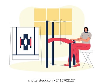 Weaving cloth with traditional machines to preserve local culture, craft vector illustration.