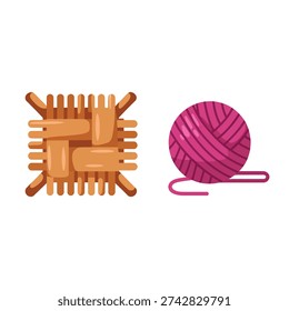 Weaving and knitting icons with square loom and pink yarn ball, textile craft workshop graphic, handmade studio branding design template