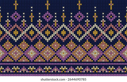 Weaving pattern, embroidery, geometric square shapes with decorative patterns, various colors.