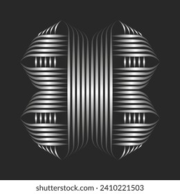 Weaving patterned logo square shape 3d effect, intertwined parallel thin lines silver gradient, metallic striped ribbons, creative decoration emblem for jewelry boutique.