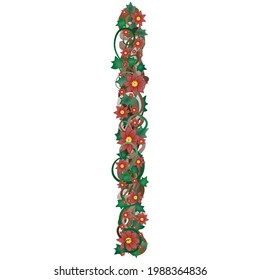 Weaving plants vertical garland. Red flowers wreath.