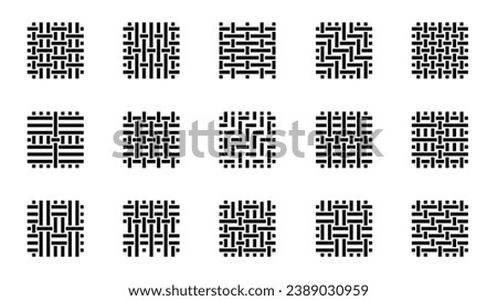 Weaving sample. Woven fabric textile swatch, cotton linen wool velvet, print with textile threads. Vector fabric texture set. Different material structures, various knitwear collection
