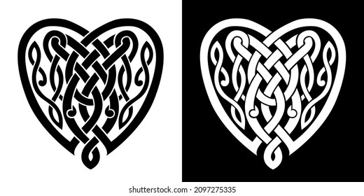 Weaving Style Design in schwarz-weißer Farbe für den Valentinstag. Keltisches Knoten Muster Verwickelte Herzen. Einzelne Vektorgrafik