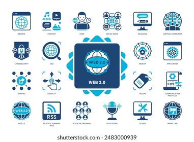 Conjunto de iconos de Web 2.0. Ciberseguridad, SEO, Usabilidad, Redes Sociales, Etiquetado, Diseño, Web API, Comunidad Virtual. Iconos sólidos de color de duotono