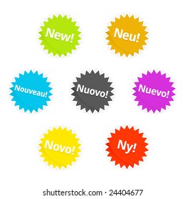 Web 2.0 Stickers. Various colored stickers for internet websites - with the word "new" in different languages.