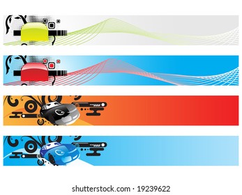 web 2.0 wavy banners set with swirl and car, vector wallpaper