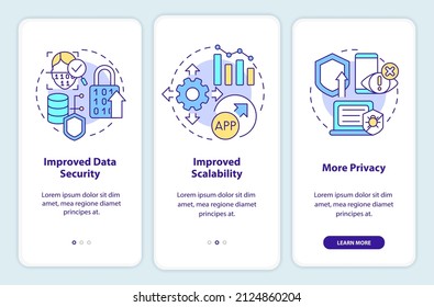 Web 3 0 benefits onboarding mobile app screen. No code option walkthrough 3 steps graphic instructions pages with linear concepts. UI, UX, GUI template. Myriad Pro-Bold, Regular fonts used