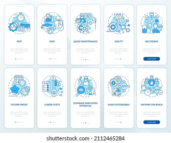 Web 3 0 blue onboarding mobile app screen set. Low code solution walkthrough 5 steps graphic instructions pages with linear concepts. UI, UX, GUI template. Myriad Pro-Bold, Regular fonts used