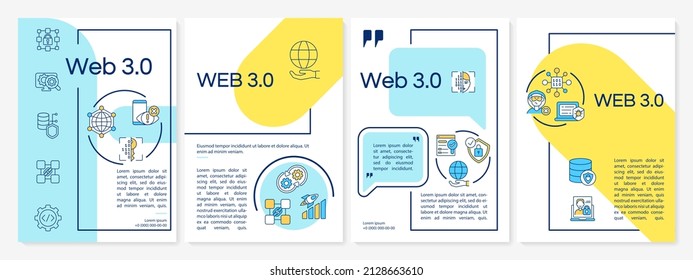 Web 3 0 blue and yellow brochure template. Low code solution. Booklet print design with linear icons. Vector layouts for presentation, annual reports, ads. Questrial-Regular, Lato-Regular fonts used