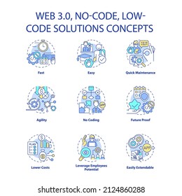 Web 3 0 concept icons set. Easy software development. No code solutions idea thin line color illustrations. Isolated outline drawings. Editable stroke. Roboto-Medium, Myriad Pro-Bold fonts used