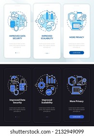 Web 3 0 night and day mode onboarding mobile app screen. No code option walkthrough 3 steps graphic instructions pages with linear concepts. UI, UX, GUI template. Myriad Pro-Bold, Regular fonts used