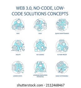 Web 3 0 turquoise concept icons set. Easy software development. No code idea thin line color illustrations. Isolated outline drawings. Editable stroke. Roboto-Medium, Myriad Pro-Bold fonts used