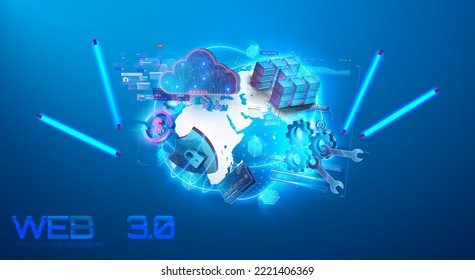 Web 3 0 word concept futuristic background.  Internet that has become prevalent with Blockchain technology in futuristic blue neon color. Upgrade new Technology. Vector illustration