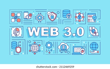 Web 3 0 word concepts turquoise banner. Low code platform. Infographics with linear icons on background. Isolated typography. Vector color illustration with text. Arial-Black font used