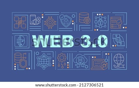 Web 3 0 word concepts navy banner. Low code platform. Infographics with linear icons on background. Isolated typography. Vector color illustration with text. Arial-Black font used