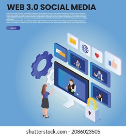 Web 3 social media isometric 3d vector concept for banner, website, illustration, landing page, flyer, etc.