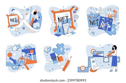 Web 3 vector illustration. Blockchain technology ensures trust and security in web3 ecosystem NFTs enable ownership and trading unique digital assets within web3 Ethereum serves as leading blockchain