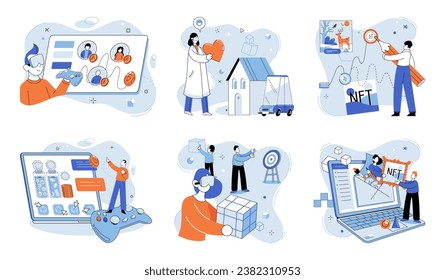 Web 3 vector illustration. Businesses thrive in digital economy by leveraging blockchain technology and cryptocurrencies The cyber world encompasses virtual spaces and digital interactions facilitated