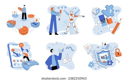 Web 3 vector illustration. The cyber world encompasses virtual spaces and digital interactions facilitated by internet Play to earn models in web3 ecosystem allow individuals to earn income