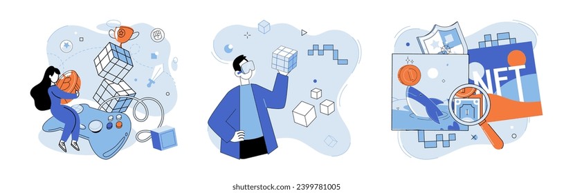 Web 3 vector illustration. NFTs on Ethereum blockchain add value and uniqueness to digital assets Cryptocurrencies like Bitcoin revolutionize way we think about money in digital economy The web3