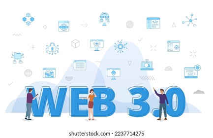 web 3.0 concept with big words and people surrounded by related icon spreading with modern blue color style