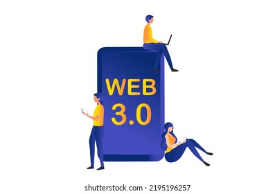 Web 3.0 concept, people using mobile notebook with new version website using blockchain technology, cryptocurrency, and NFT art. Vector illustration