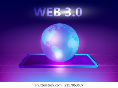 Web 3.0 concept, web 3.0 typography on blue background, new version website using blockchain technology, cryptocurrency, and NFT art. Vector illustration