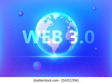 Web 3.0 concept, web 3.0 typography on blue background, new version website using blockchain technology, cryptocurrency, and NFT art. Vector illustration