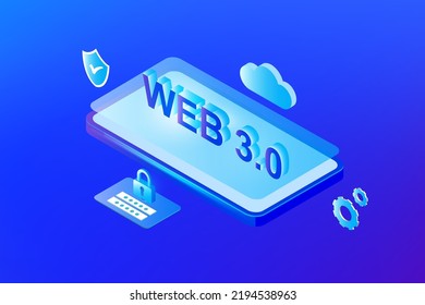 Web 3.0 concept, web 3.0 typography on blue background, new version website using blockchain technology, cryptocurrency, and NFT art. Vector illustration