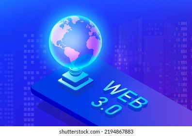 Web 3.0 concept, web 3.0 typography on blue background, new version website using blockchain technology, cryptocurrency, and NFT art. Vector illustration

