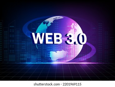 Web 3.0 concept, web 3.0 typography on blue background, new version website using blockchain technology, cryptocurrency, and NFT art. Vector illustration
