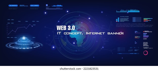 Web 3.0 Conceptual cyber banner with information exchange process using next generation internet. Unique Internet network Internet 3.0 Communication of the future. Blockchain technology