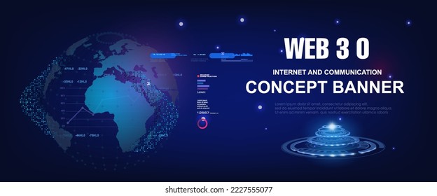 Web 3.0 Cyber banner with earth planet hologram. Information exchange and technological processes using the new generation Internet. Unique internet network Internet 3.0 Communication of the future