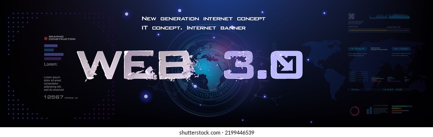 Web 3.0 Global world network of the future. Conceptual cyber banner with globe and information exchange via new generation internet. Internet technologies and communications