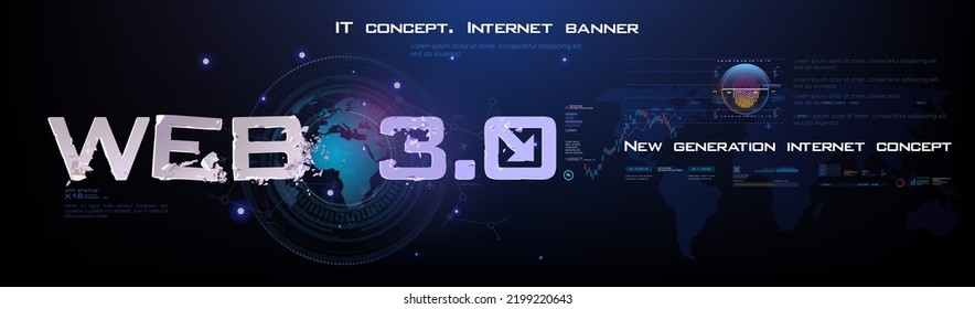 Web 3.0 Internet and communication. Conceptual cyber banner with globe and information exchange via next generation internet. World Internet technologies and communications. Internet of the future