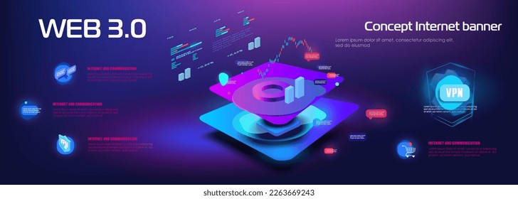 Web 3.0 Internet and communication. Conceptual cyber banner with presentation of data exchange over next generation internet. Internet technologies and communications