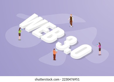 web 3.0 internet technology big text word and people around with modern isometric style