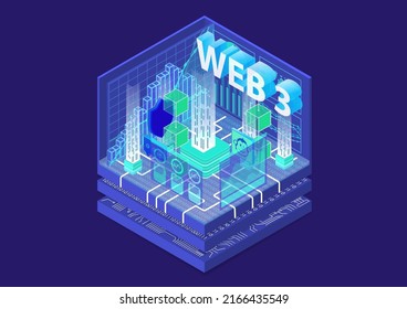 Web 3.0 isometric vector illustration. Next generation internet concept as dark IT background with glow effect.