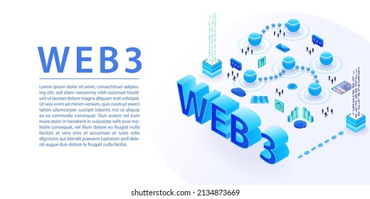 Web 3.0 isometric vector infographic. Wide banner illustration in blue and white.