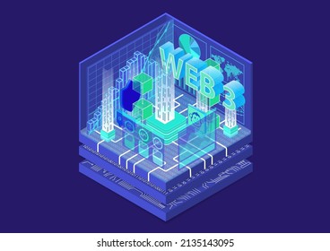 Web 3.0 isometric vector infographic. Dark design with glowing objects.