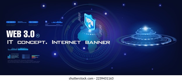 Web 3.0 IT. Cyber banner with HUD elements. Internet next generation. Unique internet network Internet 3.0 World communication portal of the future. World wide network Internet. Data link chain