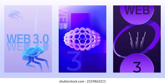 Web 3.0 poster set. Concept presentation of the new generation internet. Soaring jellyfish as a symbol of internet surfing. Abstraction, geometric elements, banner, poster, logo. Vector illustration.