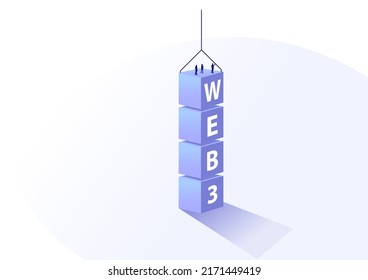 Web 3.0 software development concept. Vector illustration of text blocks that are being constructed by software developers. Minimalistic bird's eye view. 