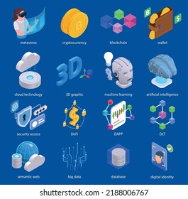 Web 3.0 technologies isometric set with digital identity database and big data icons isolated vector illustration