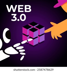 Web 3.0 Technology concepts banner with man and ai robot. Low code platform. Flat Vector illustration with text.