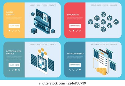 Web 3.0 technology isometric banner set with digital identity and blockchain website templates isolated vector illustration