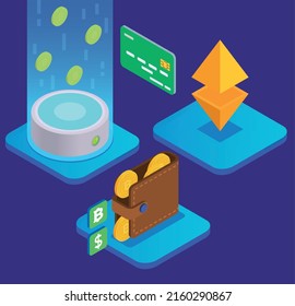 Web 3.0 technology isometric concept with cryptocurrency symbols vector illustration