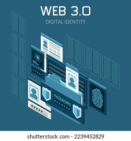 Web 3.0 technology isometric concept with digital identity symbols vector illustration